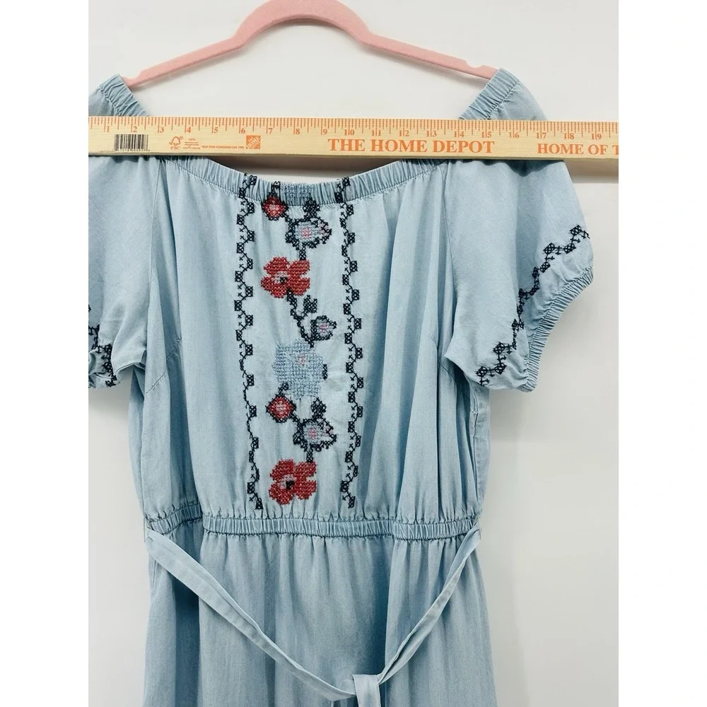Old Navy Embroidered Peasant Dress Women Blue Tie Sleeve Boho Cottagecore NN24 - Picture 4 of 14